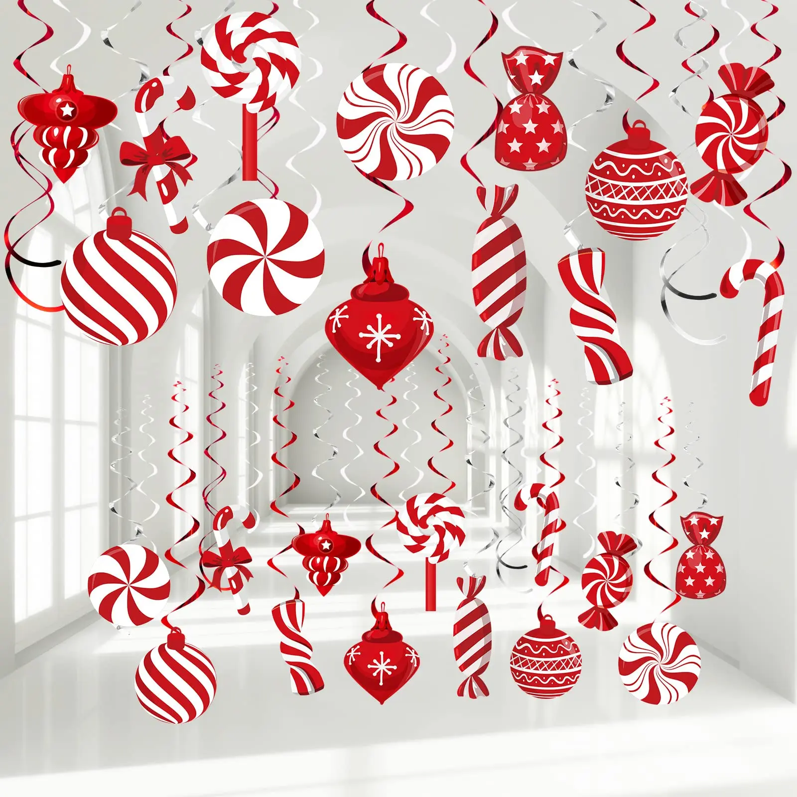 26PCS Red and White Peppermint Candy Hanging Swirl Decorations – Holiday Ceiling Streamers for Christmas Party Decor