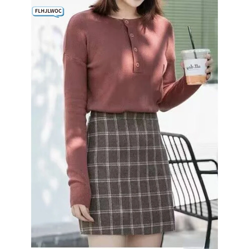 Autumn Winter Cute Mini Skirts New FLHJLWOC Hot Sales High Waist Cute Sweet Girls Date Woolen Retro Vintage Plaid A Line Skirt