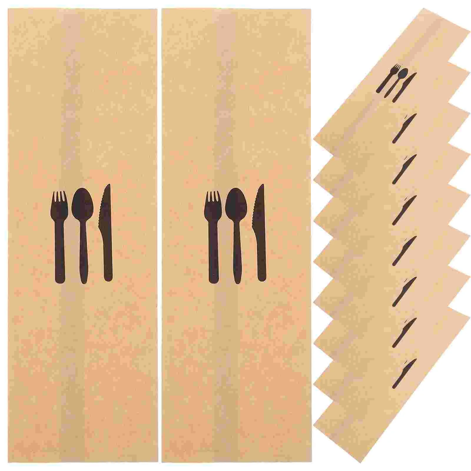 100 Pcs Kraft Paper Cutlery Set Holders Fork Cover Hotel Bags Dining Table Wedding Utensil Silverware Black