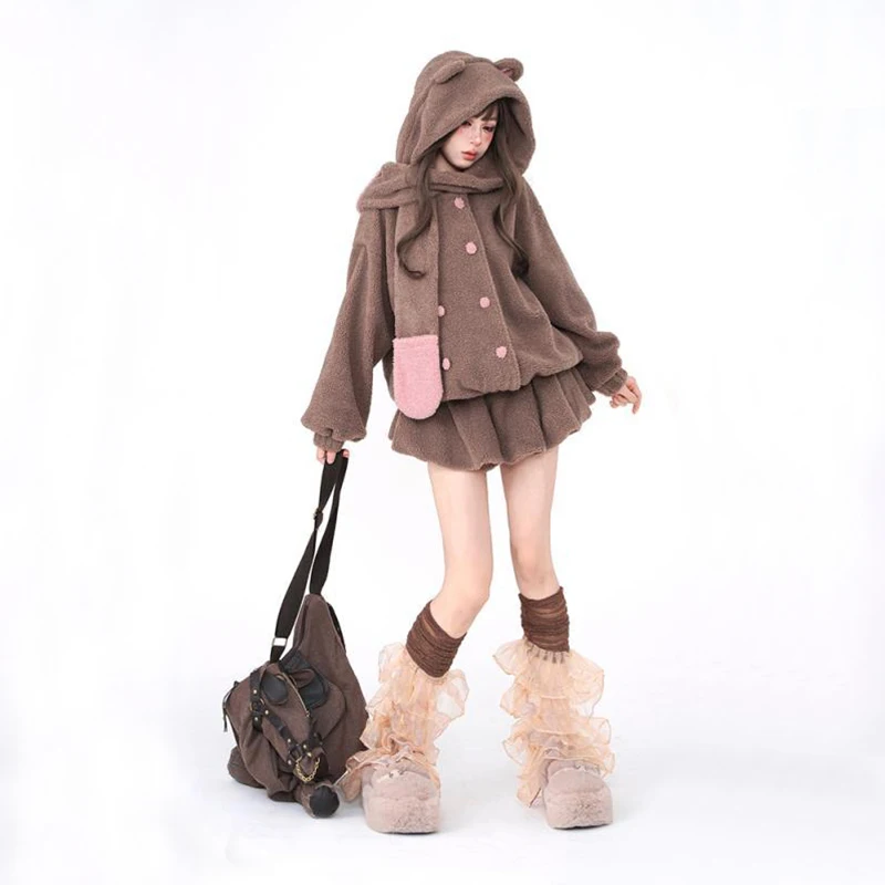 Winter Warm Long Sleeve Brown Pink Coat Women Hoodies 2023 Cute Little Bear Ears Loose Casual Korean Style Fashion y2K New Set.