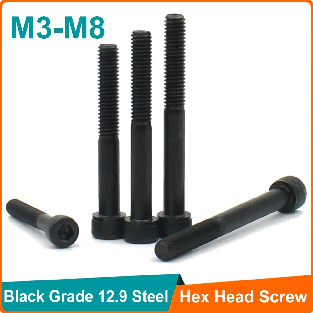 

1/10pc Black Grade 12.9 Steel M3 M4 M5 M6 M8 Half Thread Lengthened Long Allen Hexagon Hex Socket Cap Head Screw Bolt L=30-300mm