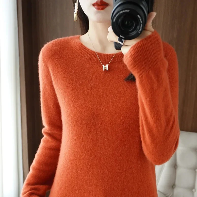 100% ميرينو الصوف محبوك سترة الخريف/الشتاء 2025 جديد المرأة الجولة الرقبة الجوف أعلى 11 لون البلوز معطف متعدد الاستخدامات