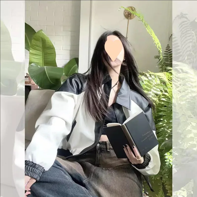 Jaqueta de couro feminina lapelas preto branco cor contrastante emenda design topo feminino primavera outono moda solta casaco manga longa