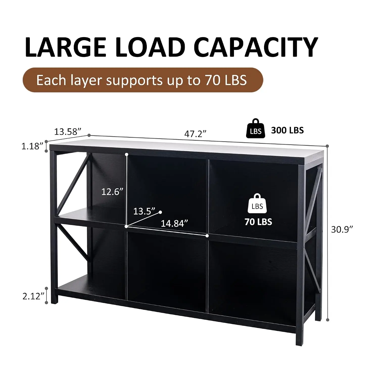 6 Cube Storage Organizer Bookshelf, Industrial Horizontal Bookcase, Accent Cubby Shelf, Media Console Table for Living Room, Hom