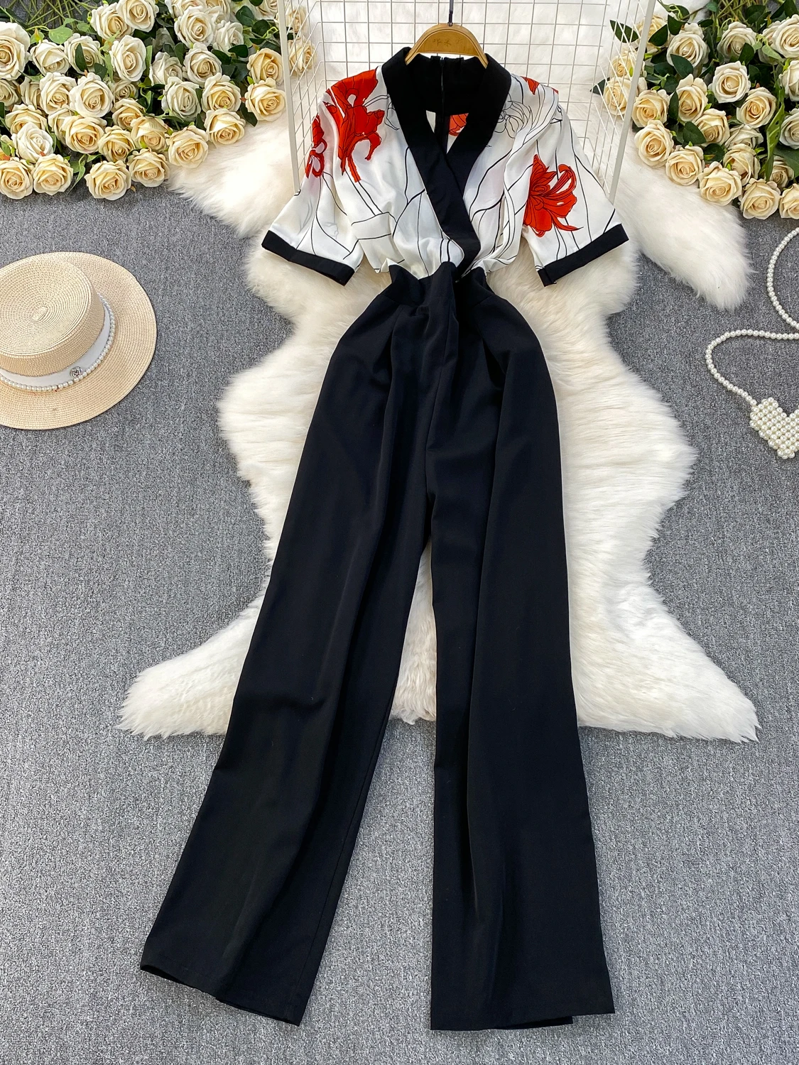 

Slimming V-Ne Cross-Over ort Sve Wrap Waist Wide Leg Pants Women's Busin Casual One-Piece Suit High Waist Long Pants