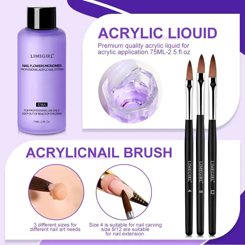 Limegirl 75ML Acrylic Liquid Monomer For Nails Art Carving Extension Dipping Powder Nail Acrylic Crystal Liquid Manicure Tool