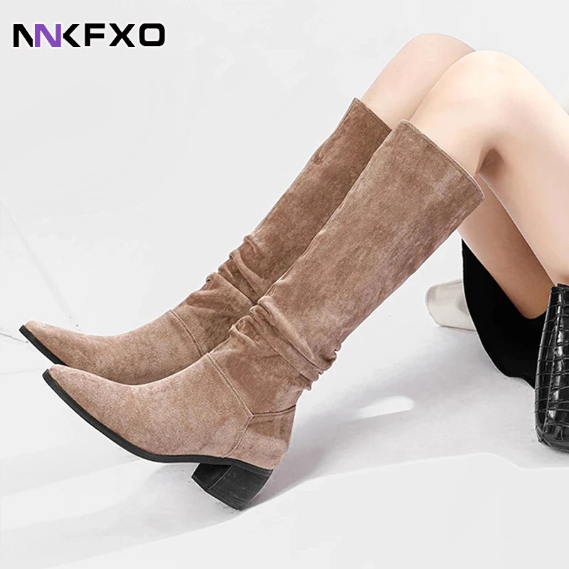 

Knee- High Boots LadySlip On Simple Pleated Stretch Suede Winter Botas Big Circumference Spring Autumn Woman Boots Large Size40