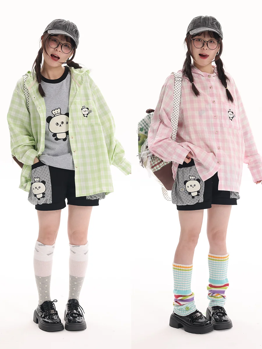 

Spring Original Gentle Green Pink Panda Chef Embroidery Hooded Shirt Thin Outerwear Casual Style Long Sleeve Cotton Blend Wom...