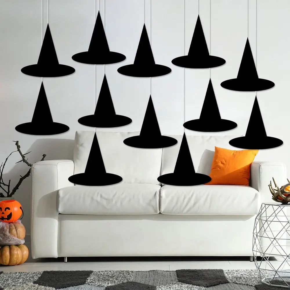 

12pcs Kid Gift Spooky Halloween Hat Hanging Pendant Handmade DIY Hat Wall Decor Black Paper Hanging Wizard Caps Photo Props