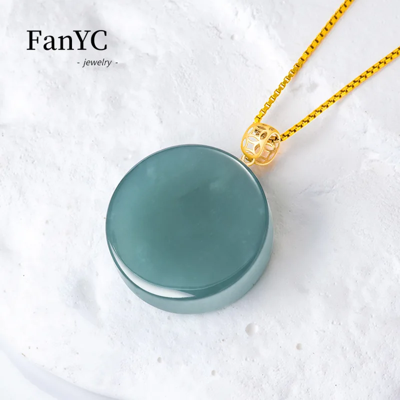 Myanmar A-goods Jadeite Blue Water Small Round Plate Amulet Pendant 18K Gold Buckle Simple Fashion Ice Jade Necklace