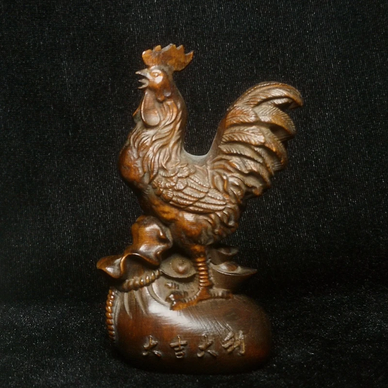 1919 Antique art Size 3.5 Inch Chinese Boxwood Wood Hand carved Zodiac Cock Statue Old Desk Decoration Collection gift