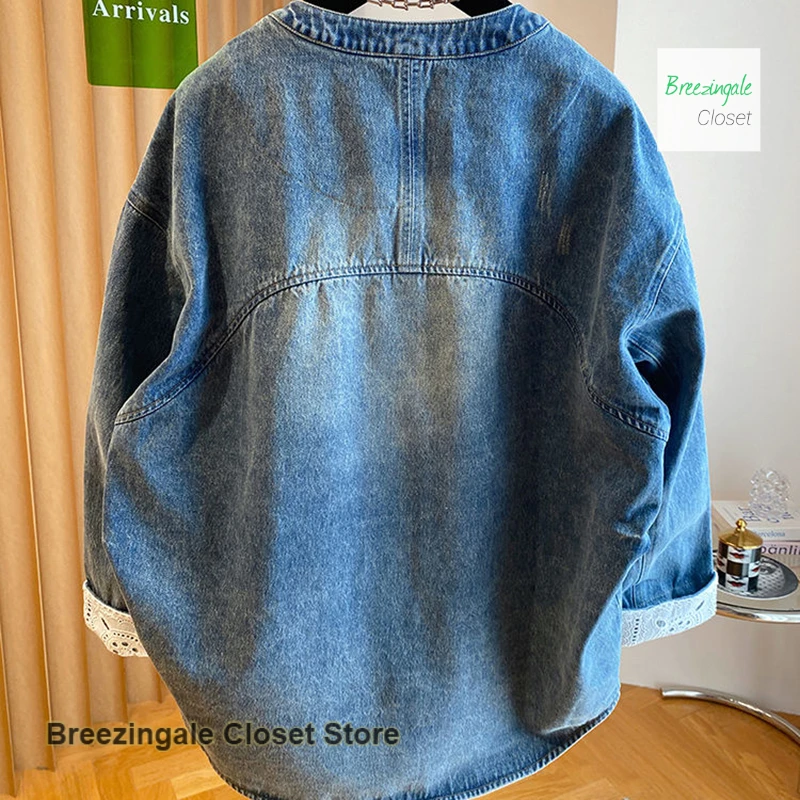 French style advanced round neck denim jacket women's autumn and winter new plus size loose fashion temperament casual top