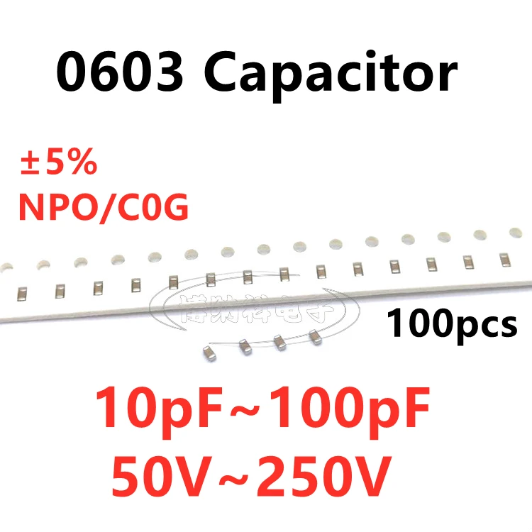 100pcs 0603 SMD Capacitor 10/11/12/13/14/15/16/18/20/22/24/25/27/30/33/36/39/43/47/51/56/62/68/75/82/91/100PF 5% NPO C0G