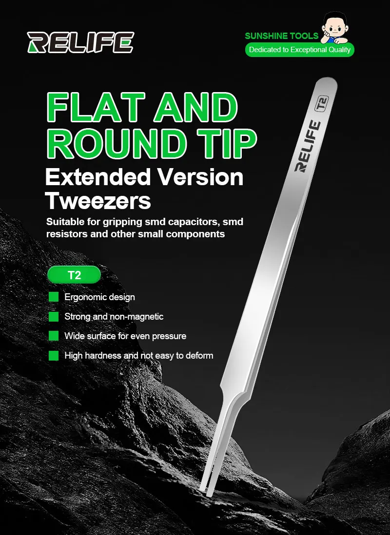 

RELIFE T2 Extended Flat-round-tip Tweezers for Gripping Smd Capacitors Smd Resistors and Other Small Components