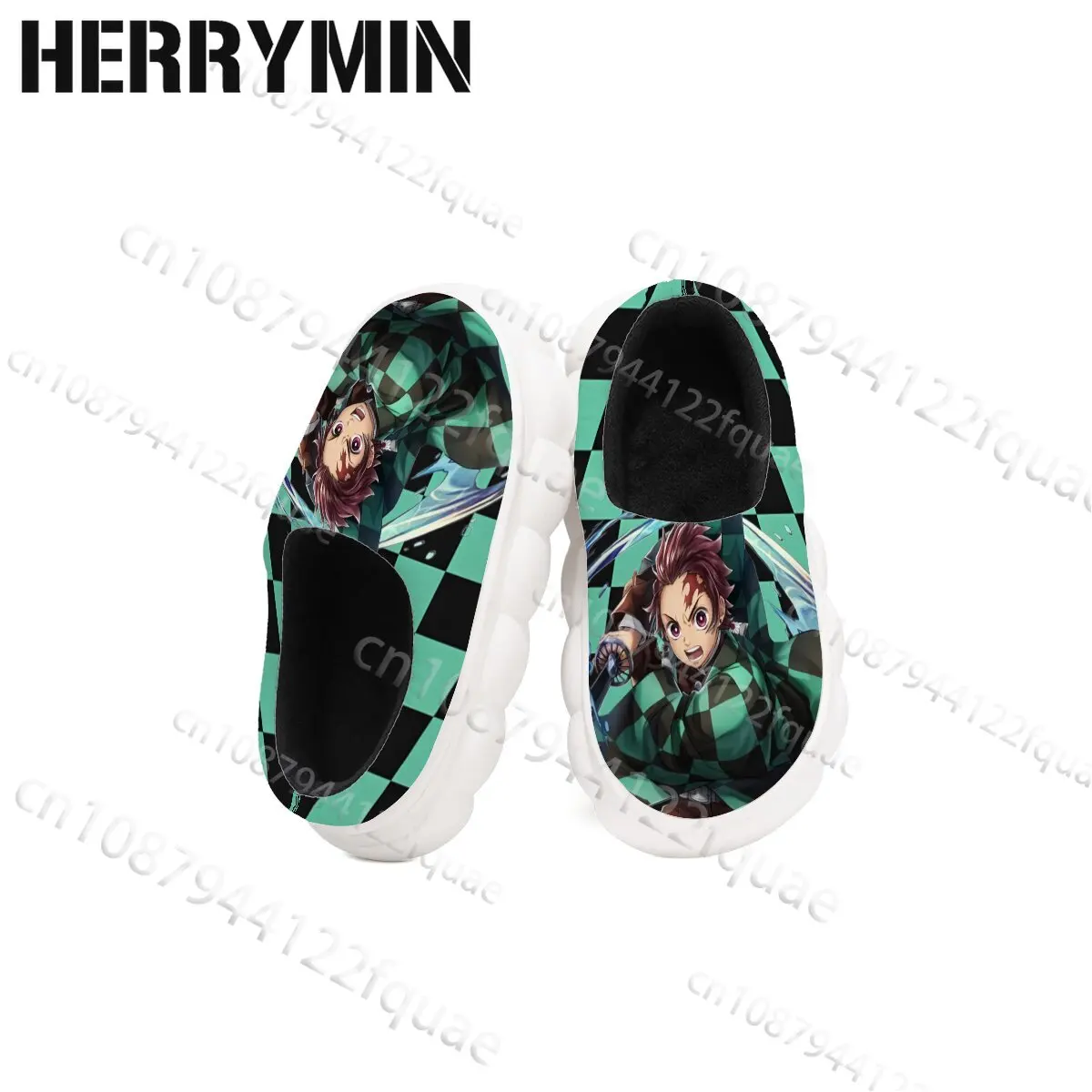 Kamado Tanjirou Kawaii Japanese Anime Boy Closed Heel Slippers Cloud Pillow Thick Sole Soft Fleece Warm Home Children Shoes