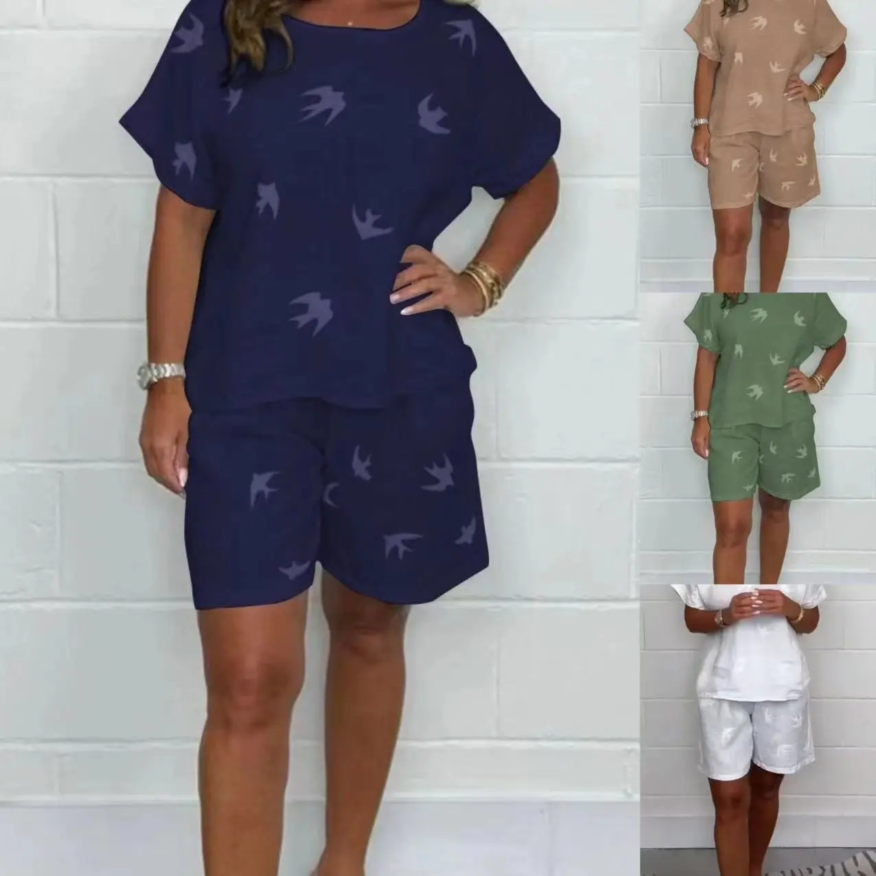 Linen Print Short Sleeve Shorts Set Women's Casual