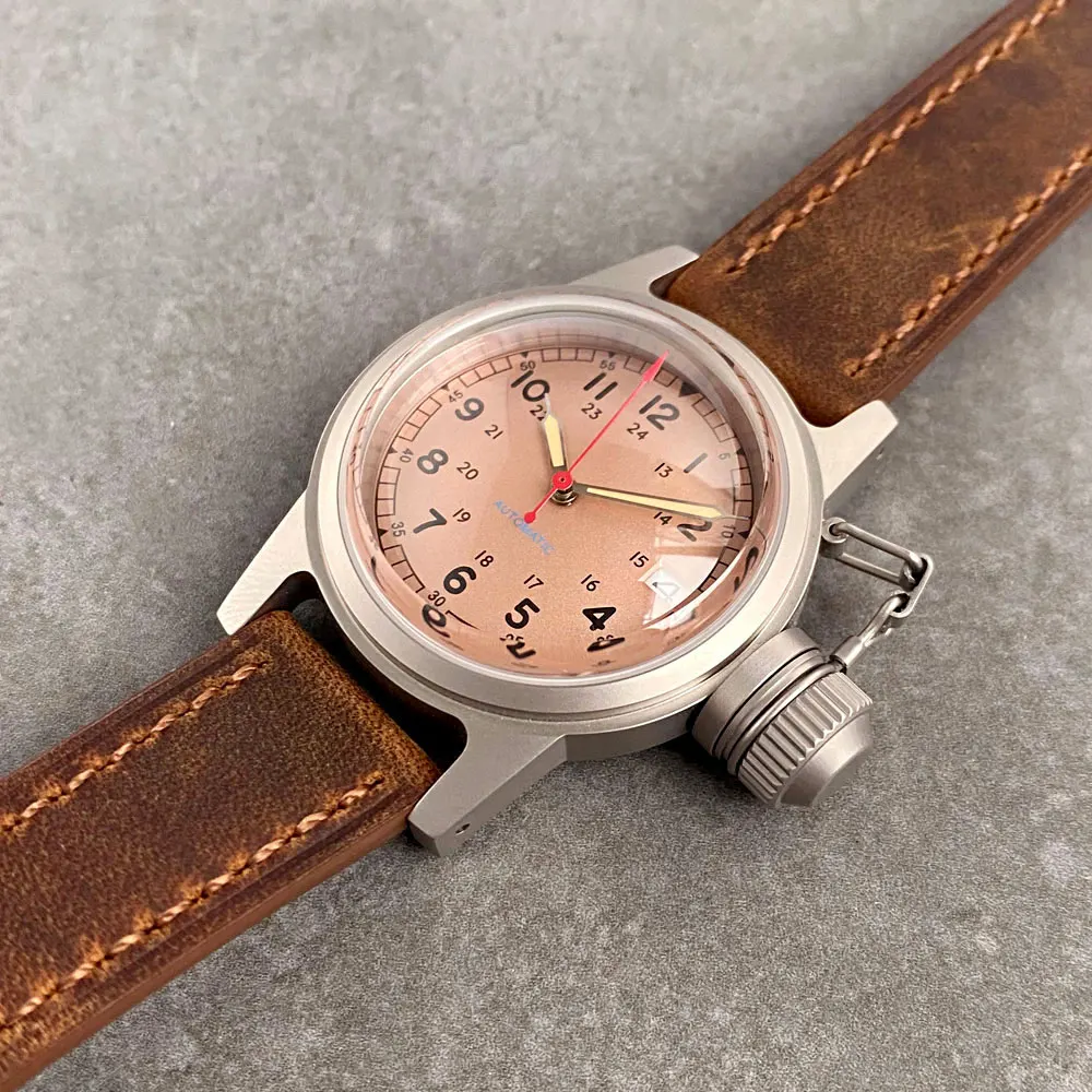 Reloj rosa de 36mm con corona grande luminoso NH35 automático para hombre y mujer, reloj de pulsera resistente al agua de 200m, correa de cuero con cristal de zafiro abovedado