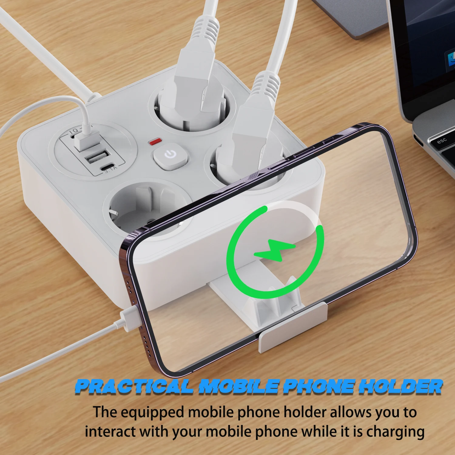 EU Plug Multitap Socket 2M Extension Cord Electrical Outlets with 4 USB Fast Charging Network Filter Power Strip with switch