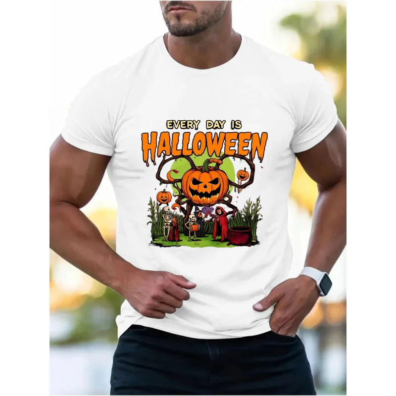 تي شيرت رجالي أبيض كل يوم هو زي اليقطين للهالوين طباعة قطن عالي الجودة 180 جرام