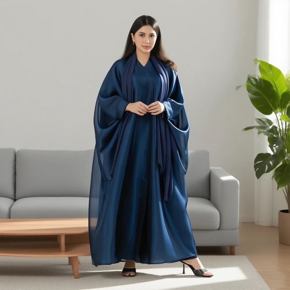 

Ramadan 2025 Luxury Shiny Satin Open Kimono Abaya Dubai Batwing Sleeve Abayas For Women Muslim Dress Islamic Clothing Kaftan
