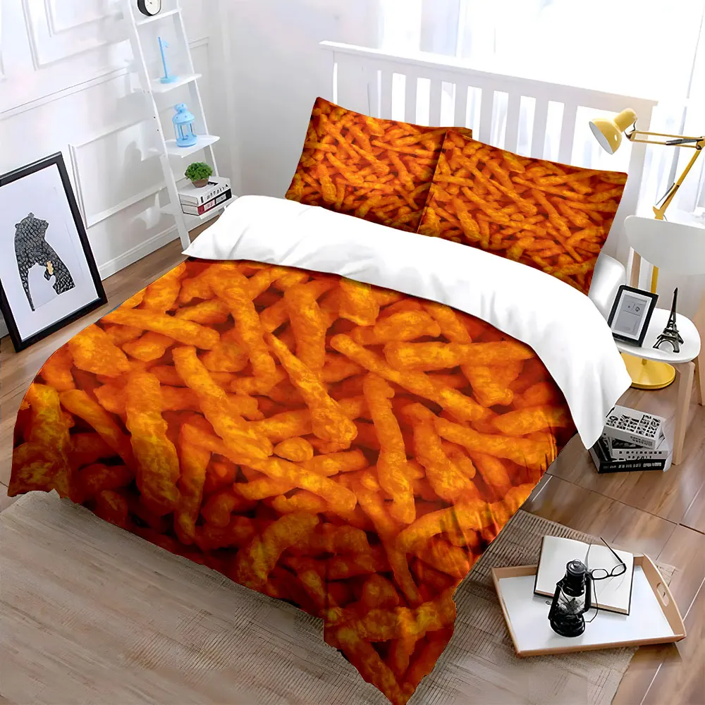 Bright orange puffed snacks cluster Print Bedding Set 1 Duvet Cover 2 Pillowcases for Adult and Children Luxury Gift Full Size