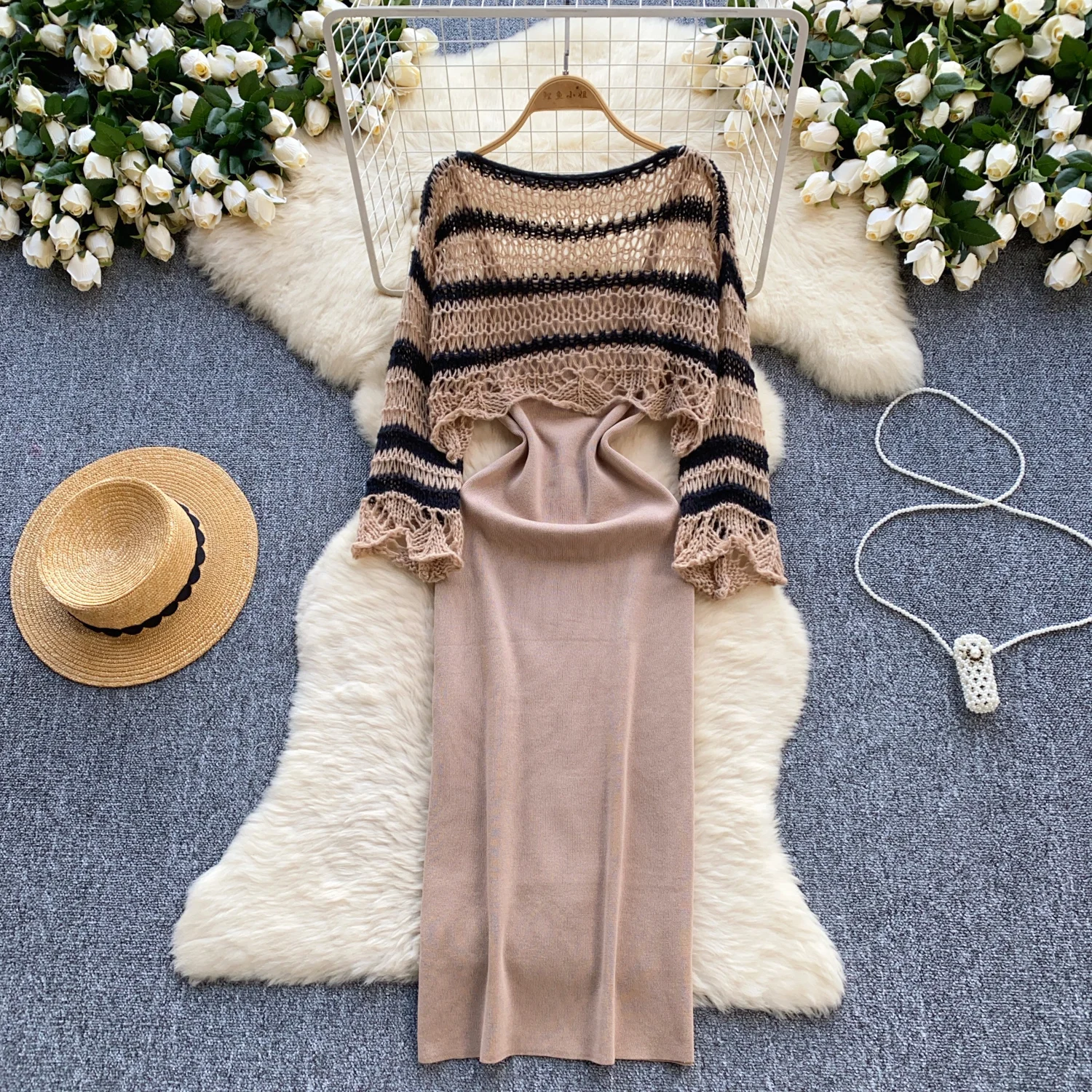 Sexy cut out Striped lool sleeve Knit Two Pieces Sets Chic Top with slip dresses Casual Beach Vacation Sets