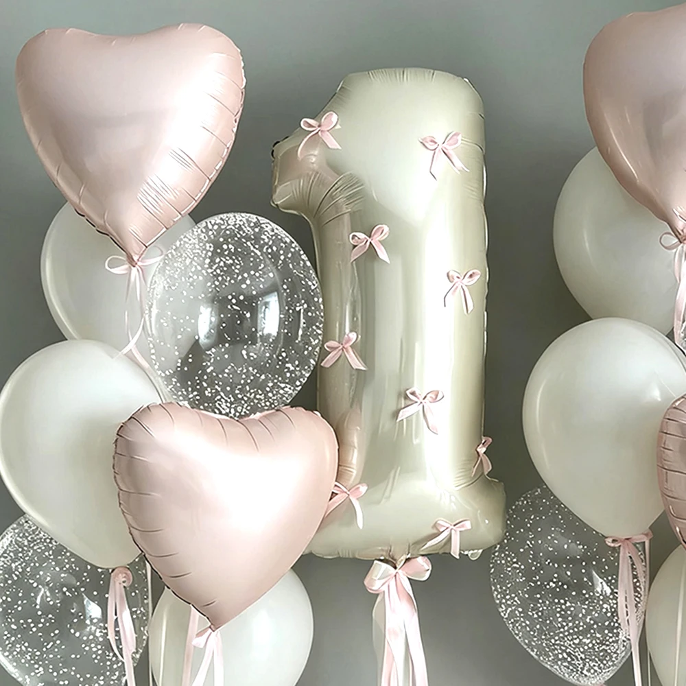 32 Zoll rosa Schleifen Zahlenballons cremeweiß beige Zahlenfolienballons rosa Schleifen für Mädchen Geburtstag Kokette Mottoparty Dekor