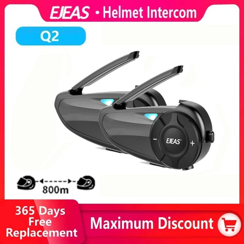 EJEAS Q2 Motorcycle Helmet Intercom Bluetooth 5.1 Headset Quick Pair Up to 2 Riders Wireless Interphone Earphone Waterproof