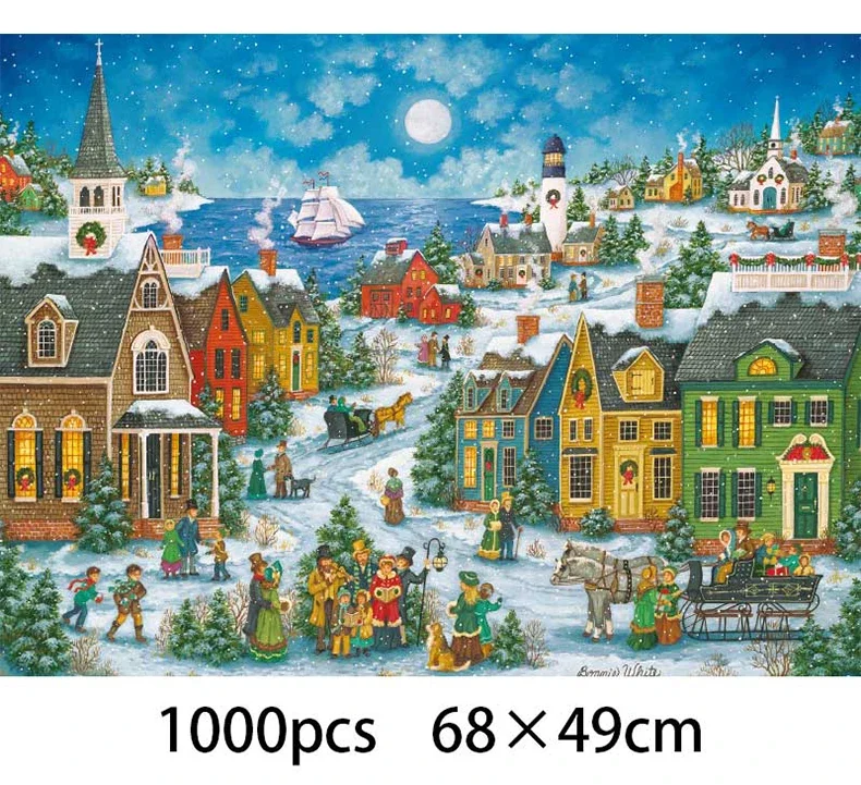 MaxRenard 68*49cm 1000PCS Paper Jigsaw Puzzle Harborside Carolers Flat Puzzles Adult Children Toys Christmas Gift Family Game