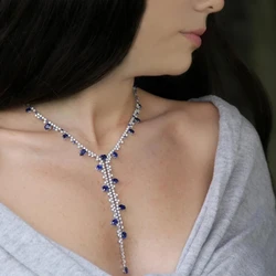 Charm Y Shape Long Necklace Rhinestone Choker Chain for Women Round Circle Blue Crystal Choker Collar Jewelry Accessories