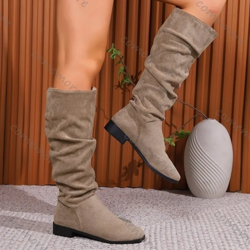 New Women\'s Boots Low-heeled Nude Pleated Suede High Boots Khaki Black Long Boots Large-size Round-toe Fashionable Boots Ladies
