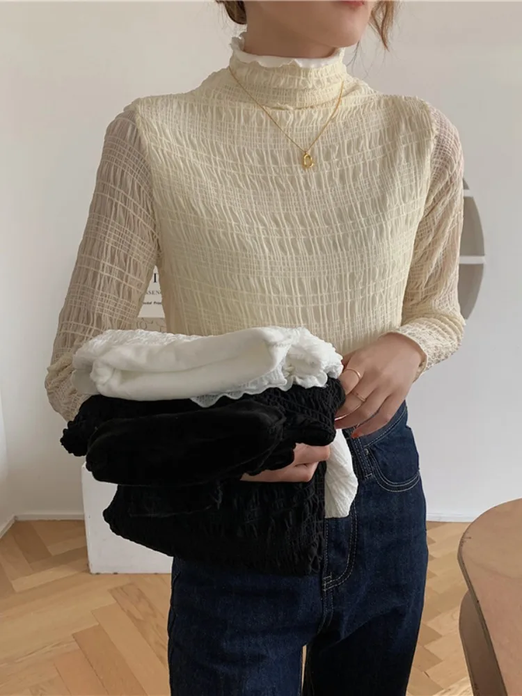 

Fce Lined High Ne Lace Me Base irt Women Early Spring Slimming Versatile Long Sve Inner Wear Top Korean Sle