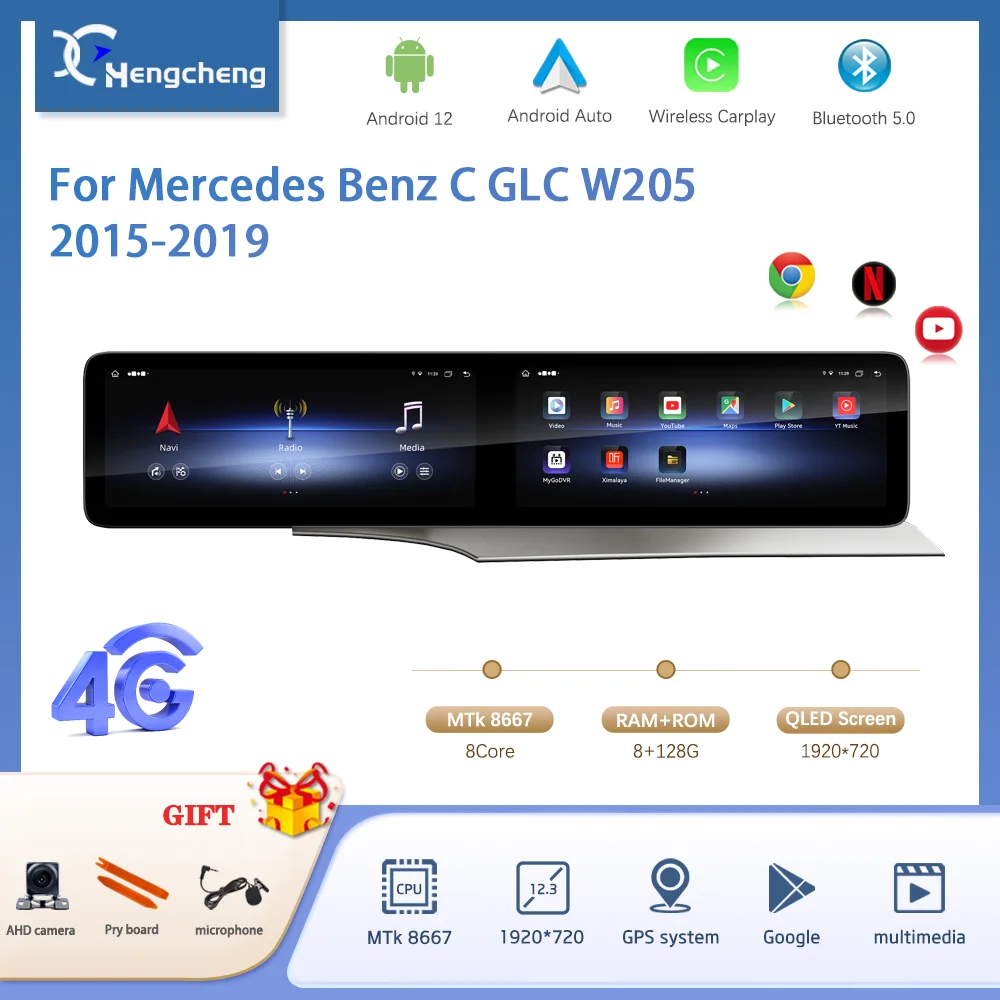 12.3Inch Android12 8Core For Mercedes Benz C GLC W205 2015-2024 Car Multimedia Player GPS Navigation Radio Carplay 4G 360camera