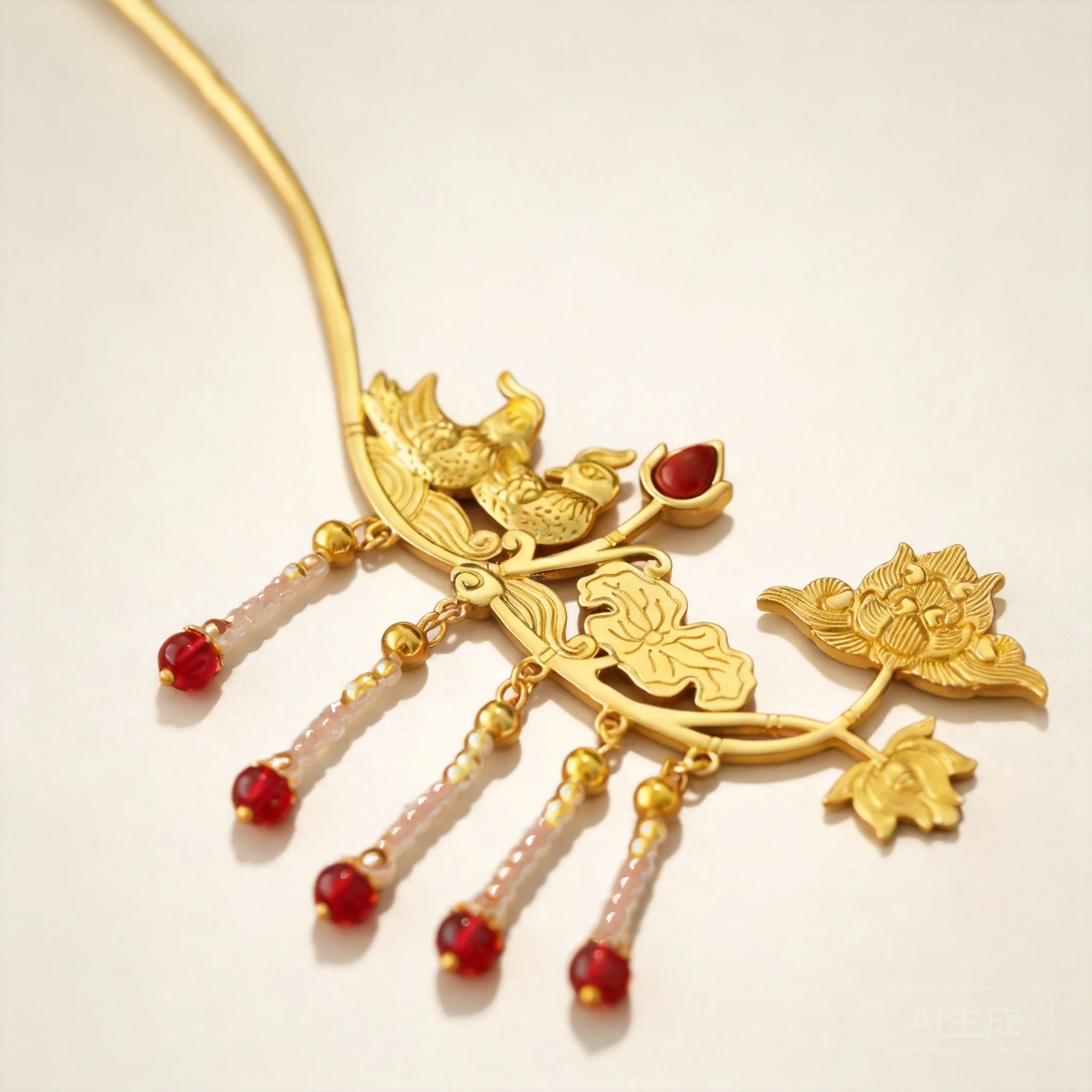 Chinese Traditional Lucky Gold Plated Mandarin Duck Lotus Long Tassel Hair Stick Auspicious Blessing Feng Shui Hanfu Bridal Hair