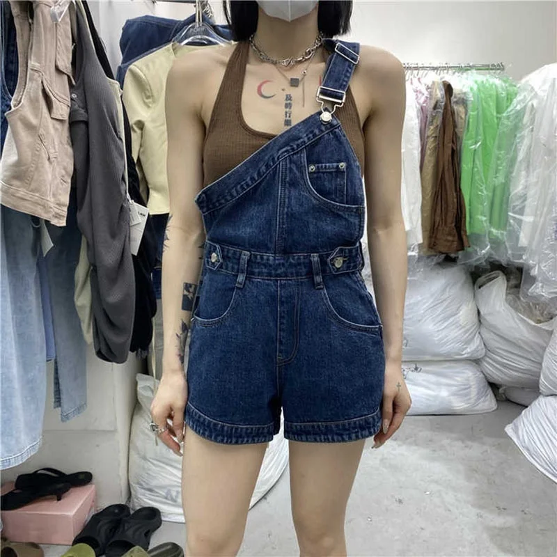 

Джинсовый комбинезон Spicy Girl, летняя новинка, корейский дизайн, сексуальный, универсальный, стройнящий, на одно плечо, с высокой талией, многофункциональный...