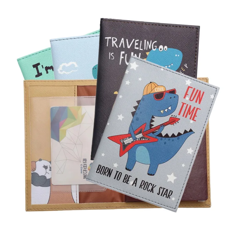 1pc Cartoon Rock Dinosaur Passport Case Cover PU Leather World Travel Kit Organizer porta passaporto con Slot per carte di credito ID