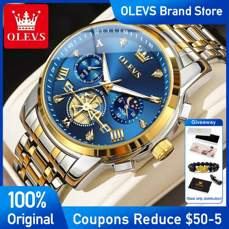 

OLEVS Watches For Men Fashion Multifunctional Chronograph Moon Phase 24 Hour stainless steel Quartz Waterproof Brand Watch