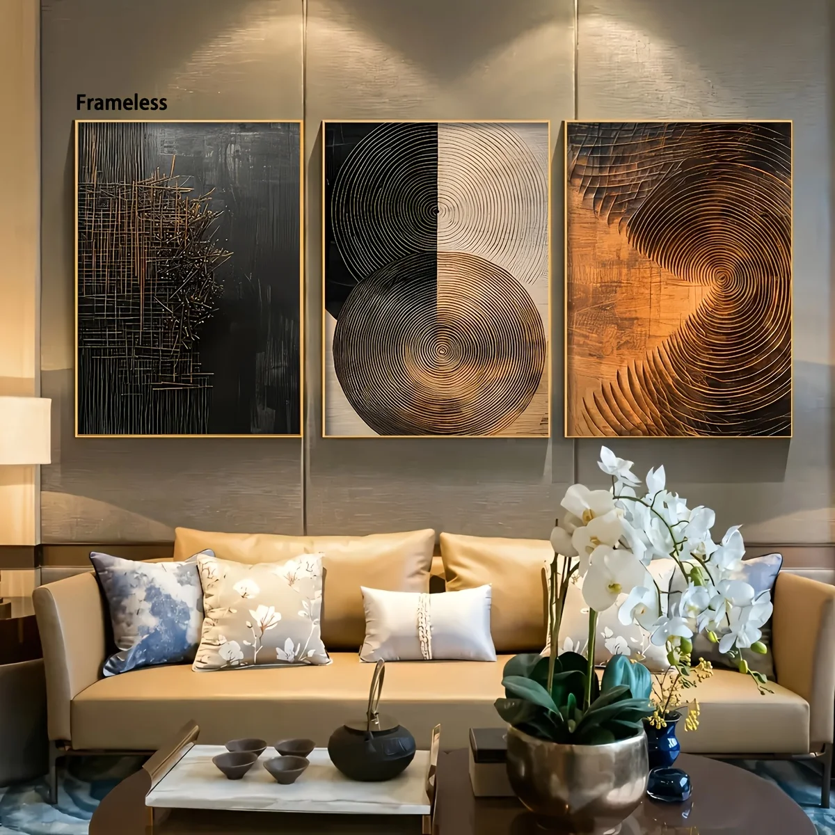 (No frame)2D Flat, 3pcs Modern Abstract Wood Grain Wall Art - Minimalist Neutral Wood Texture Frameless Vertical Canvas Poste