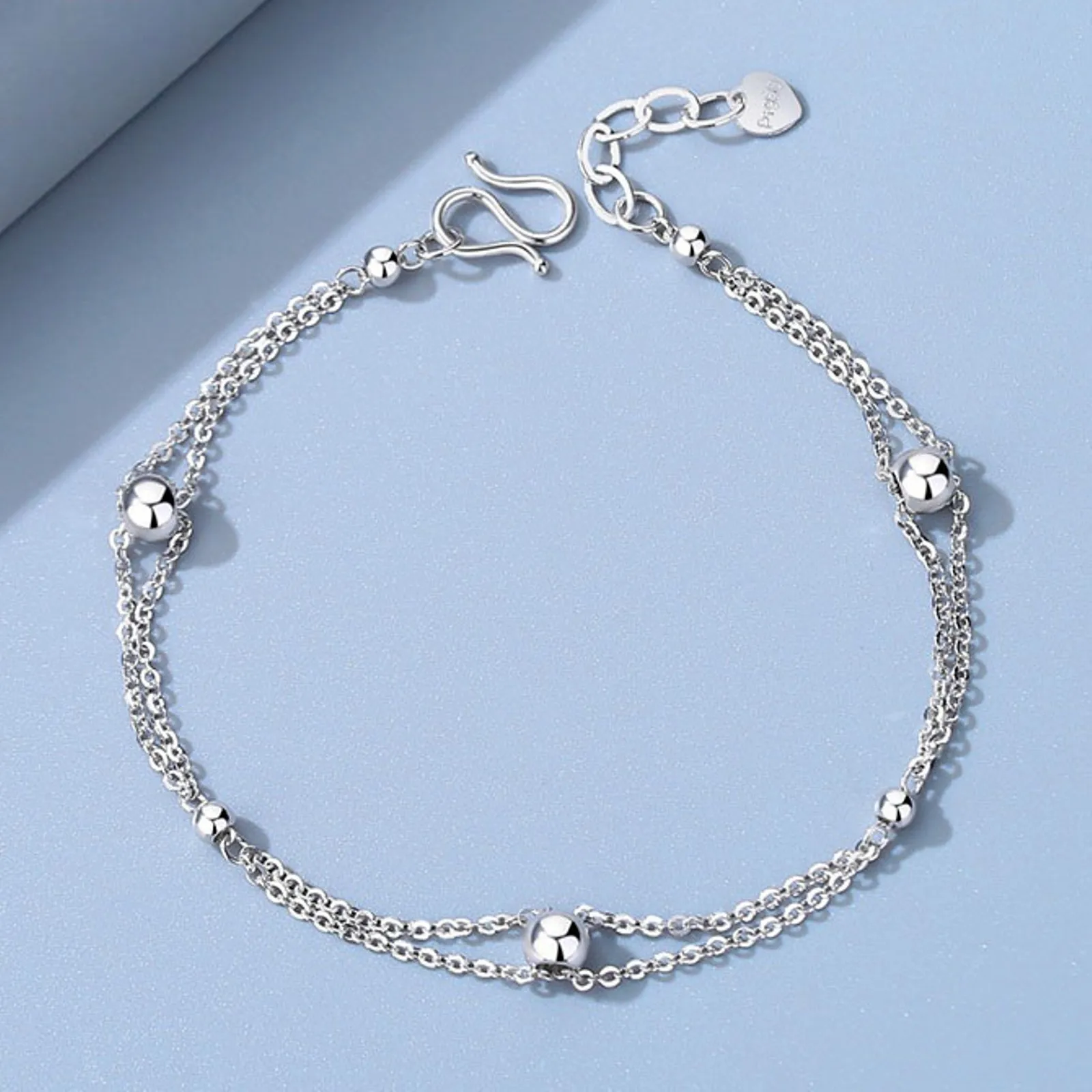 Real Pure Platinum 950 Chain Women Glossy Beads Double O Link Bracelet 3-3.2g/16+2cm