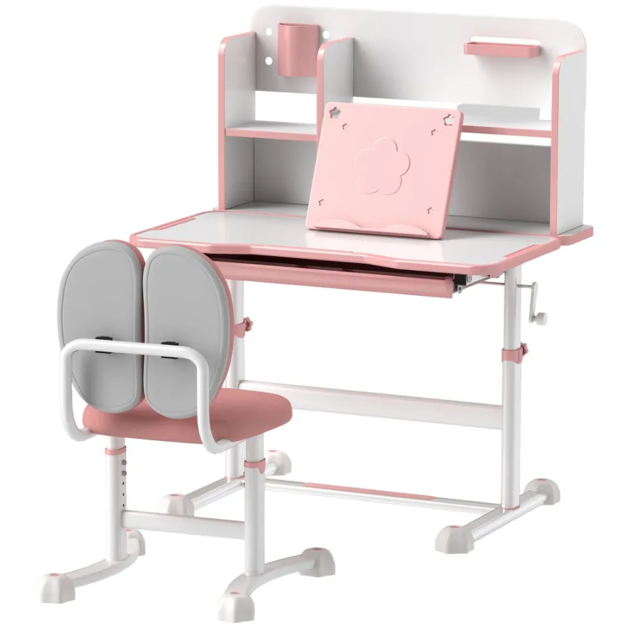 

Qaba Height Adjustable Desk and Chair Set for Writing Drawing w/ Tilt Desktop Storage Drawer and Reading Rack Pink
