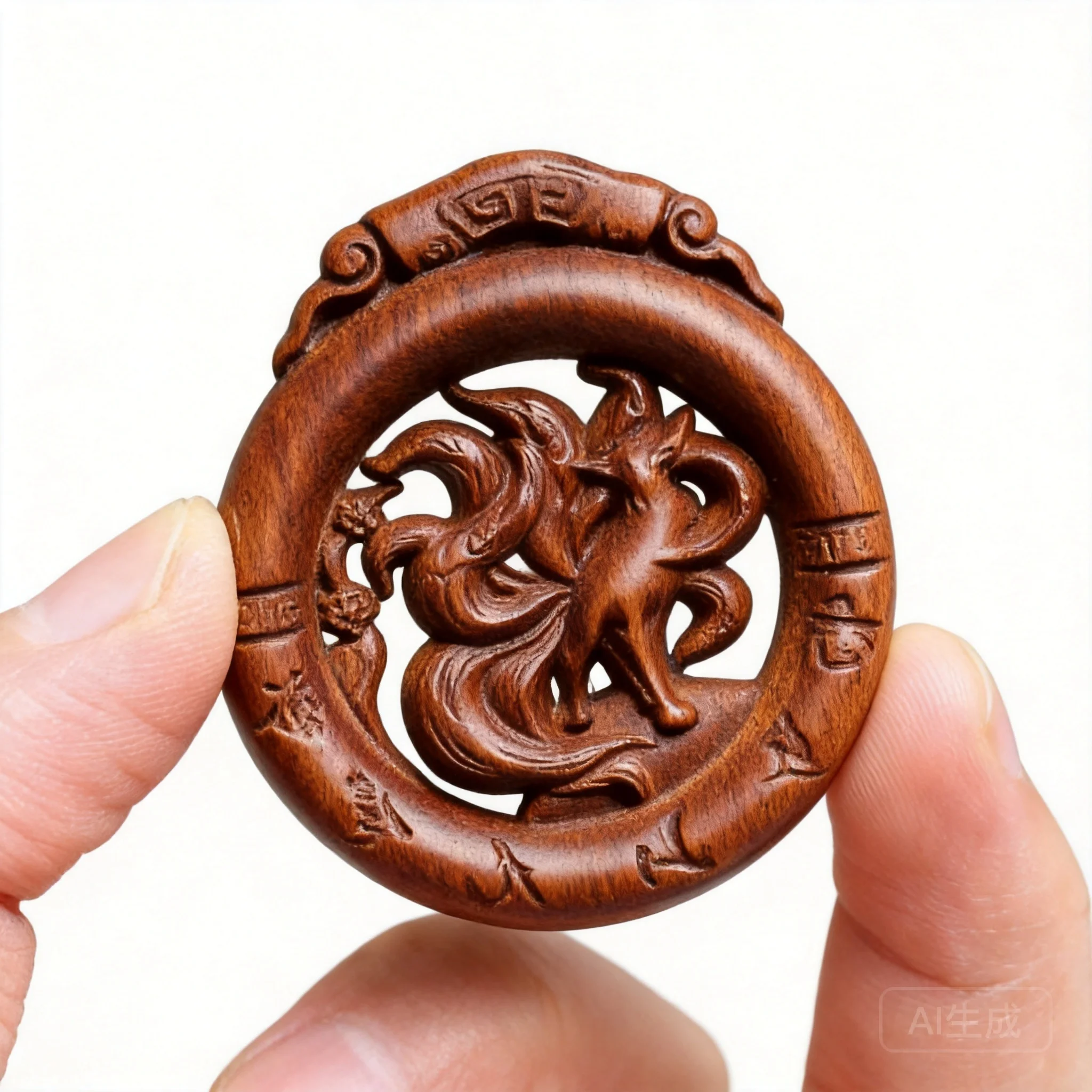 Chinese Style Hollow Thunder Struck Jujube Wood Nine Tailed Fox Peace Buckle Pendant Lucky Blessing Amulet Taoist Jewelry For