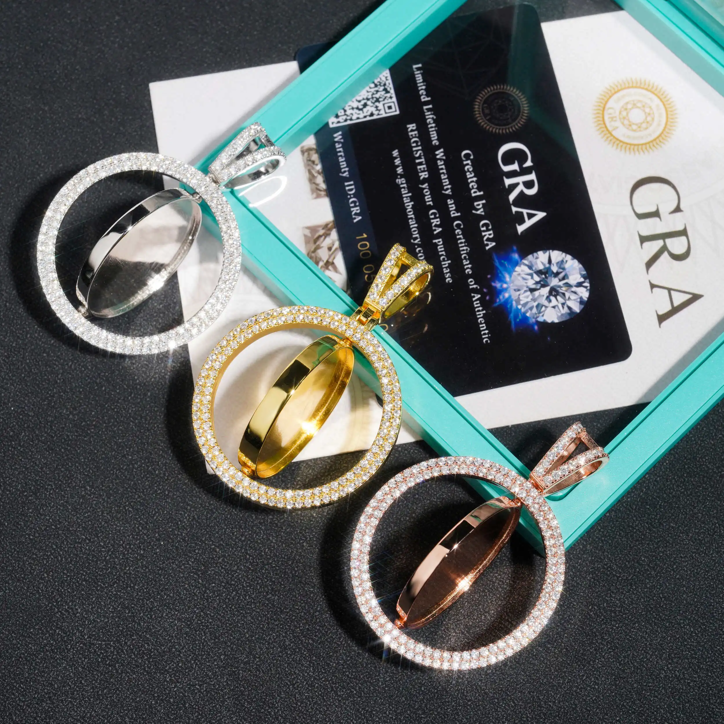 Blingminer Photo Charms Rotatable Double-faced VVS Moissanite Pendant For Men Women S925 Silver Pendants GRA Free Shipping