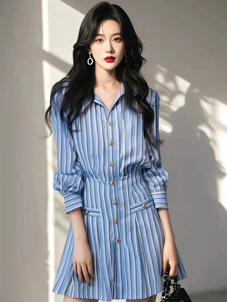 Novo azul listrado vestidos elegantes feminino verão polo manga longa único breasted magro a linha vestido curto senhora do escritório camisa vestido