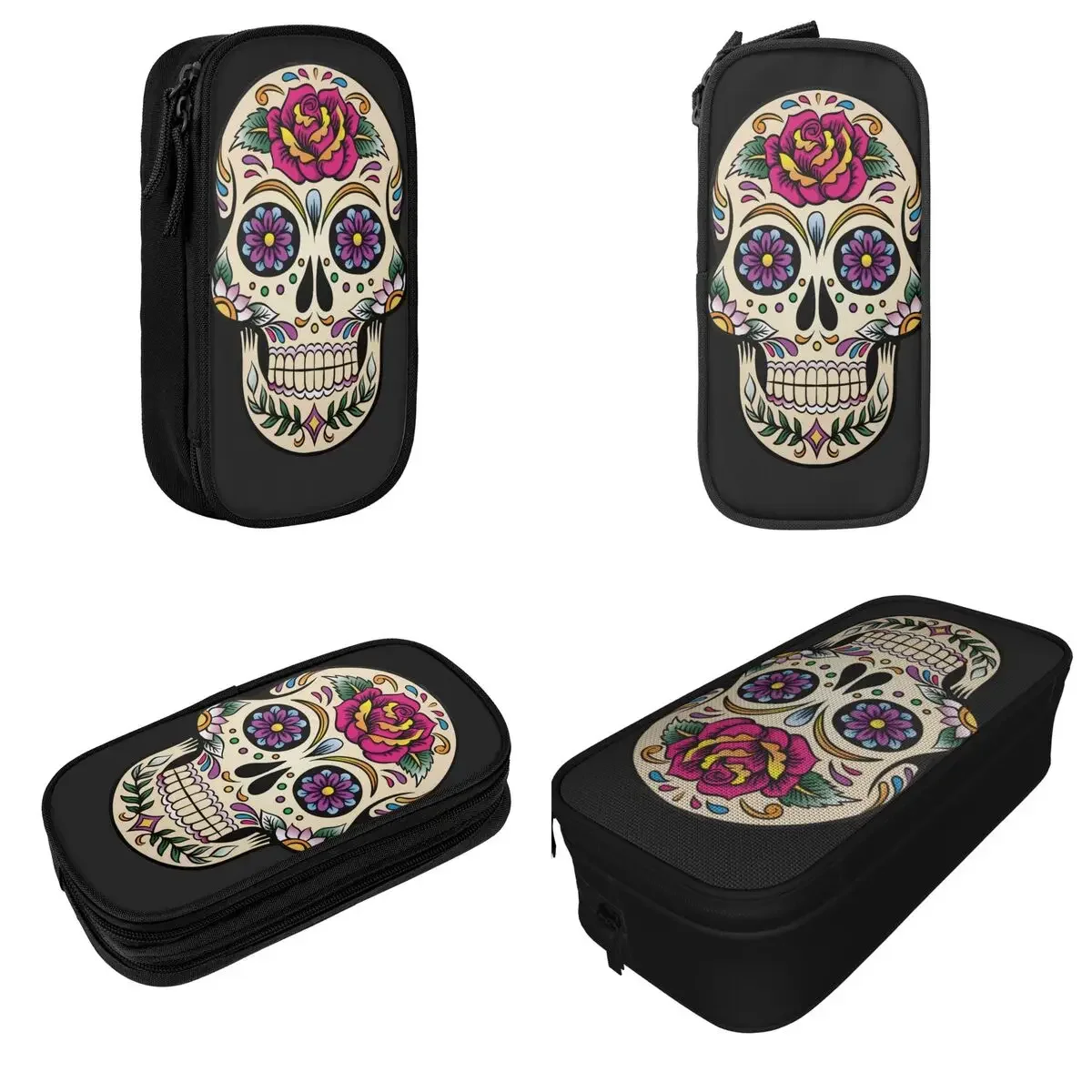 Day Of The Dead Sugar Skull Rose Tile Pencil Case Pencil Pouch Pen Holder Large Storage Bag School Supplies Gifts Stationery