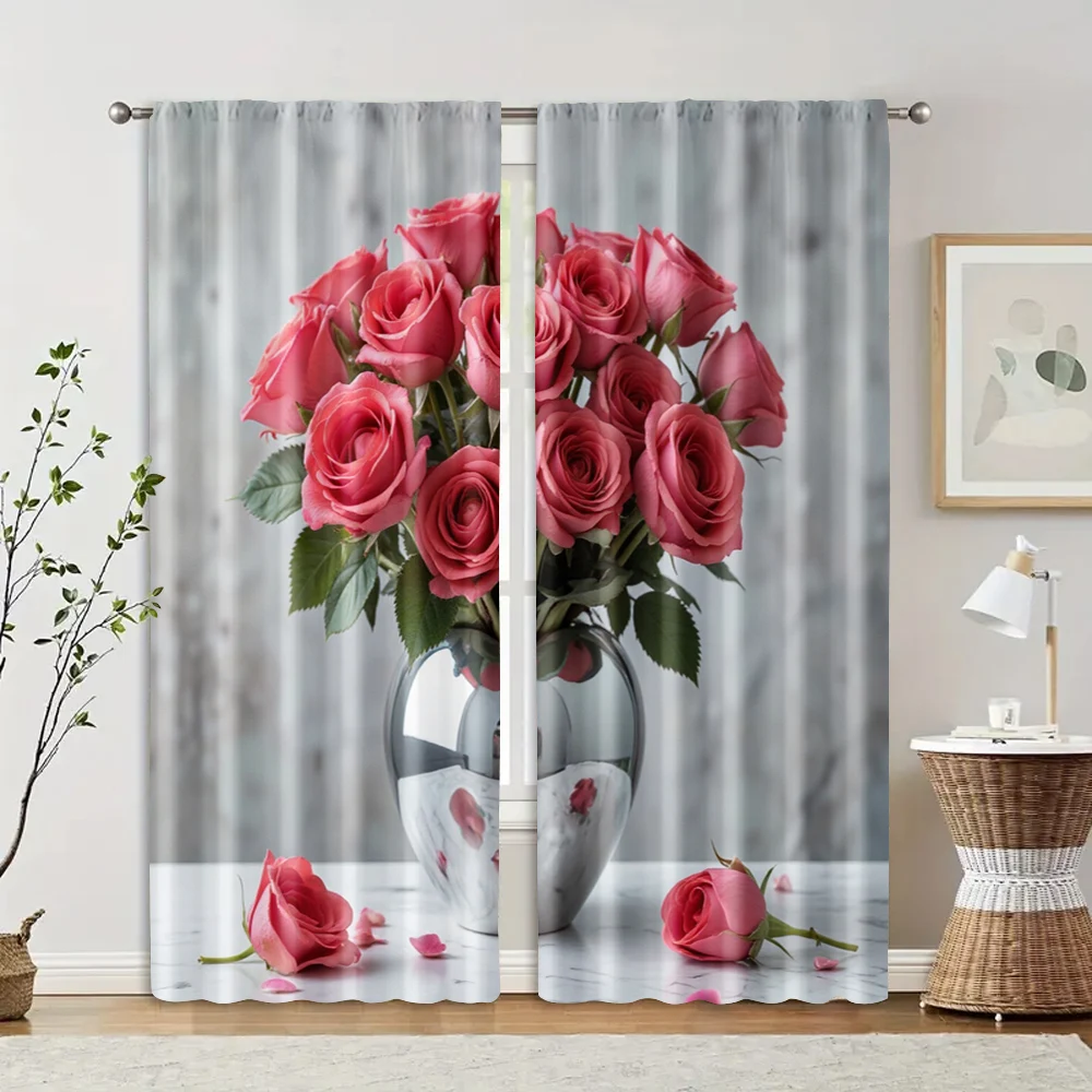 2pcs, Window Curtain Red Rose Durable Polyester (without rod) Decorations Outdoor Ldeal for Home Decor and Privacy