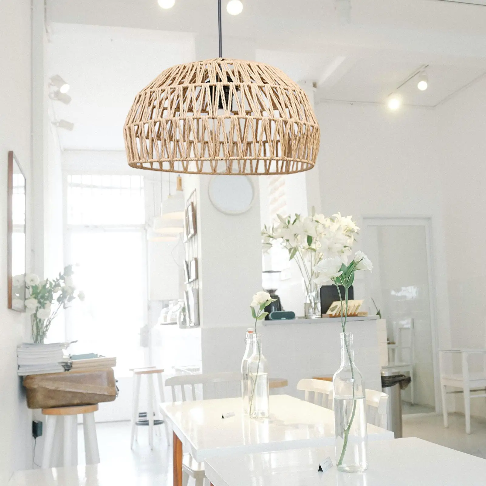 Bohemian Paper Rope Woven Lampshade Chandelier Lantern Pendant Lamp Shade Bulb Guard for Hotel, Living Room, Cafe Decoration