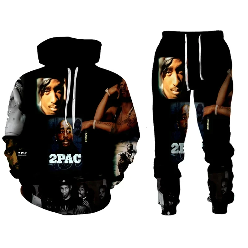 Conjunto de sudadera con capucha y pantalón para hombre y mujer, traje de dos piezas con estampado 3D del cantante de Rap 2 PAC Tupac, estilo Hip