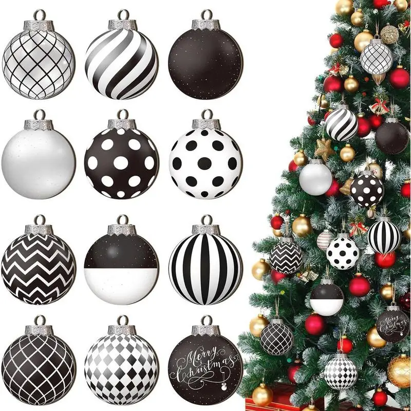 2D Wooden Christmas Decorations 12Pcs High-quality 2D Polka Dots Plaid Christmas Tree Pendant Bold Black White Winter Ball Theme