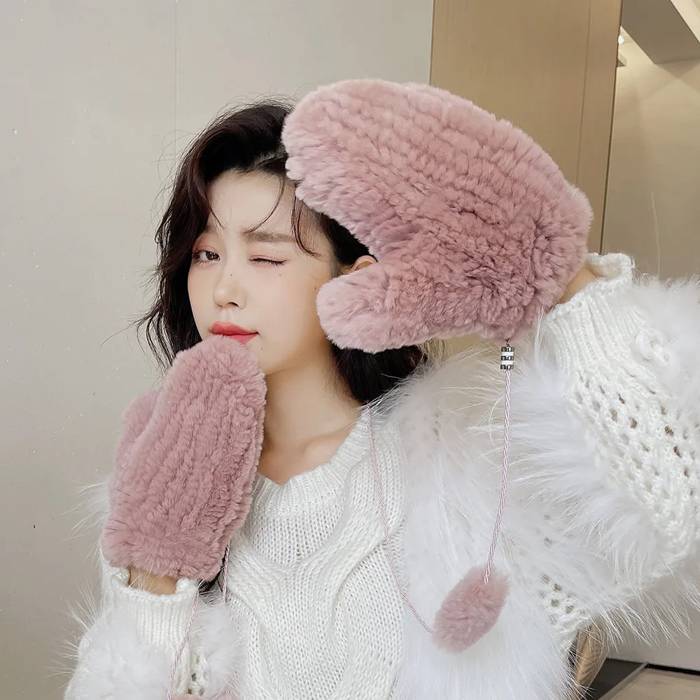 

Hot Sale Natural Real Rex Rabbit Fur Gloves Good Elastic Women Winter Knitted Real Rabbit Fur Mittens Outdoor Genuine Fur Gloves