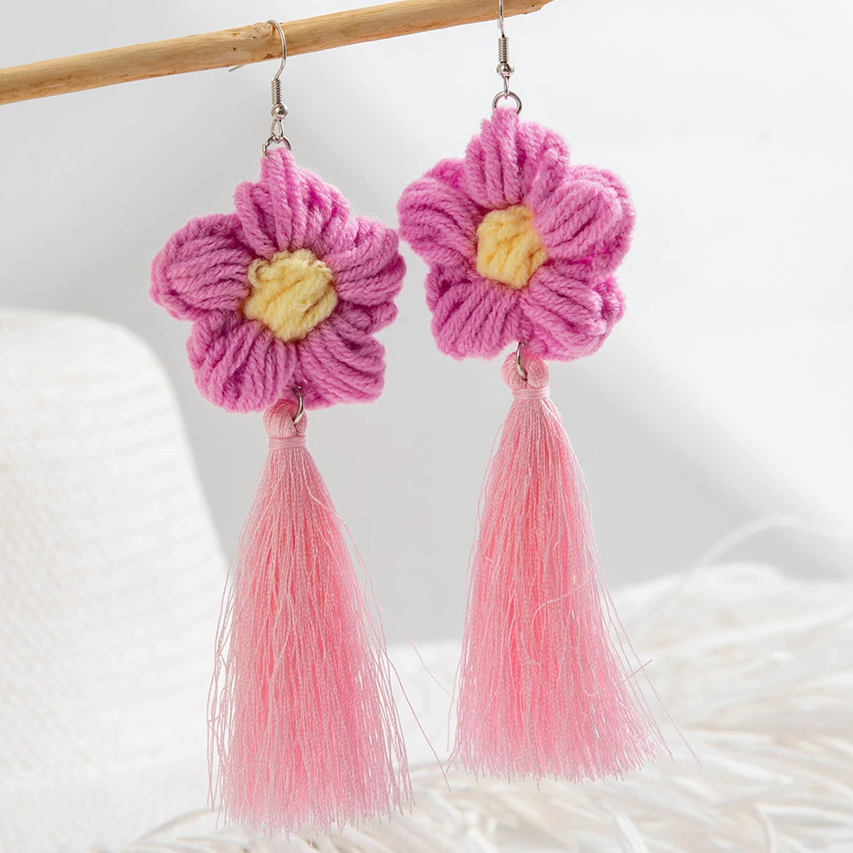 Tocona Crochet Fashion Flower Drop Earrings for Women Handmade Knitted Dangle Hooks Earrings Girls Party Holiday Jewelry Gifts